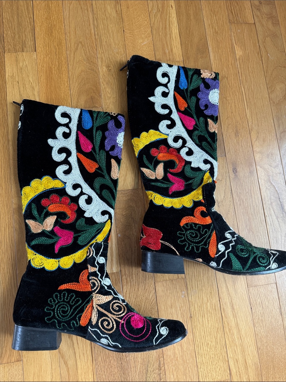 Suzani Black Velvet Knee-High Boots with Multicolor Embroidery 8.5